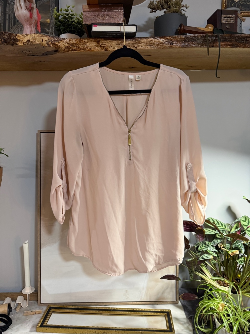 Women's Blush Pink Gold Zip-Detail Blouse